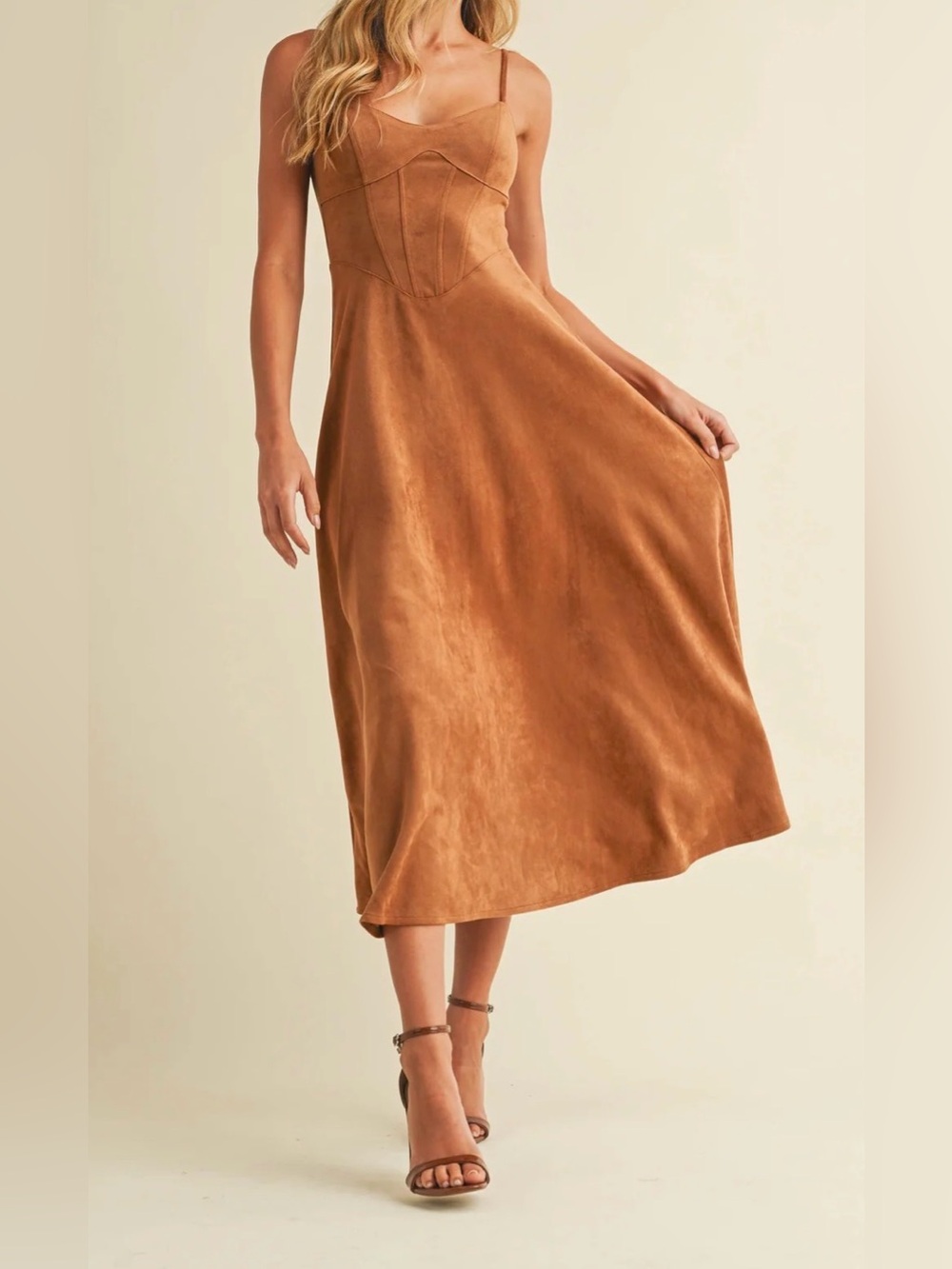 Klesis Emma Suede Corset Midi Dress- Camel, NEW, Size Large - Picture 4 of 10